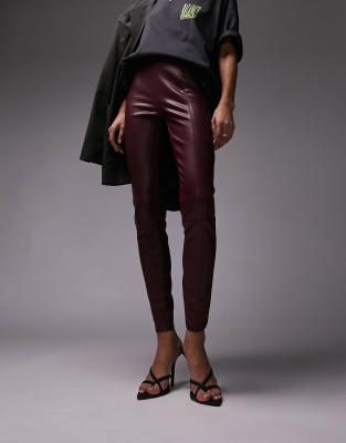 Topshop faux leather skinny pants in burgundy | ASOS