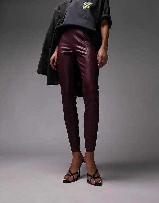 Pull&Bear high waisted faux leather skinny pants in burgundy