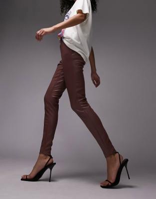 River Island faux leather zip detail skinny pants in dark brown