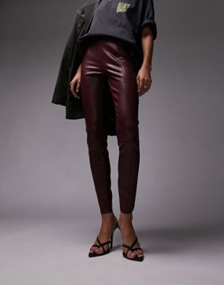 Topshop faux leather skinny trouser in burgundy