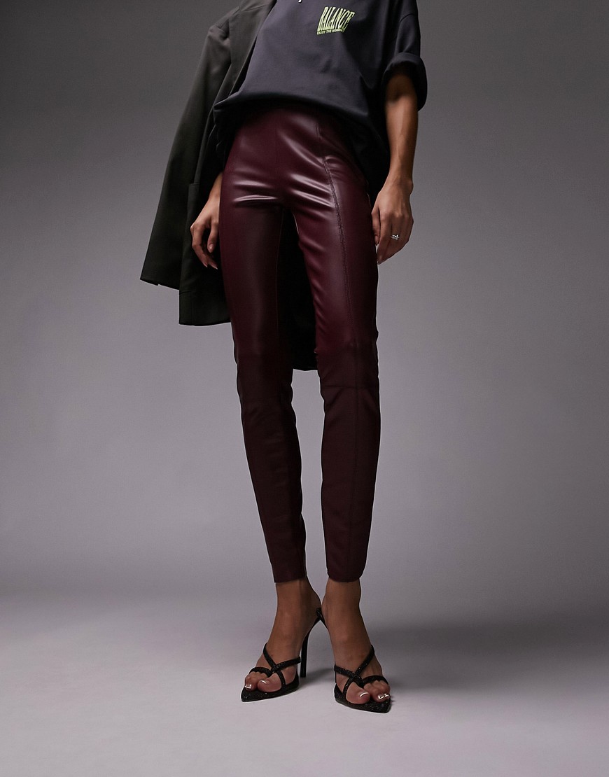 Topshop faux leather skinny trouser in burgundy-Red