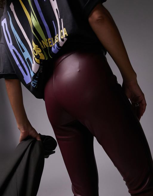 Embossed Faux-Leather Trousers (T11-BURGUNDY)