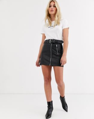 Topshop faux leather skirt with belt in black ASOS