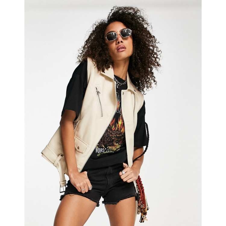 Topshop faux leather sleeveless biker jacket in ecru ASOS