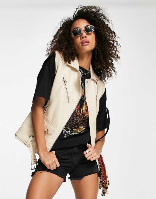 Topshop faux leather sleeveless biker jacket in ecru