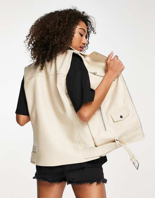 Topshop faux leather sleeveless biker jacket in ecru