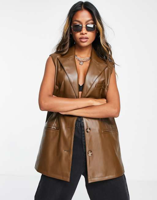 Topshop Faux Leather Sleeveless Blazer Jacket In Brown, 44% OFF