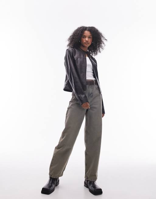 Topshop faux leather slim fit washed jacket in dark brown, 3 of 4