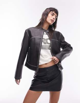 Topshop Faux Leather Slim Fit Washed Moto Jacket In Black