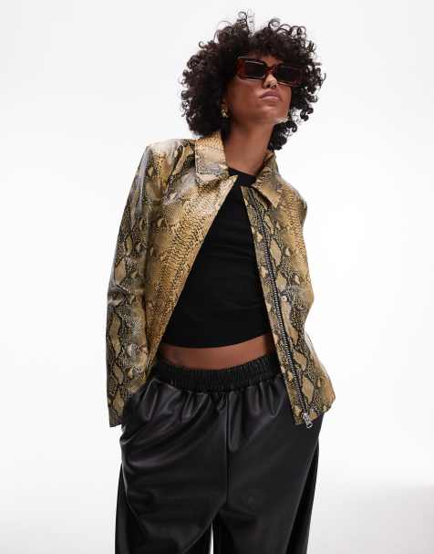 Topshop faux leather snake jacket with center front zip in yellow - view 1