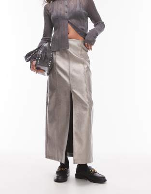 faux leather split midi skirt in gunmetal-Black