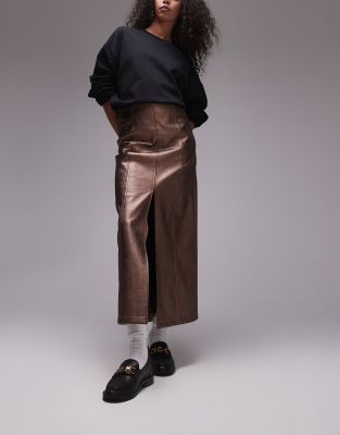 Topshop Faux Leather Split Midi Skirt