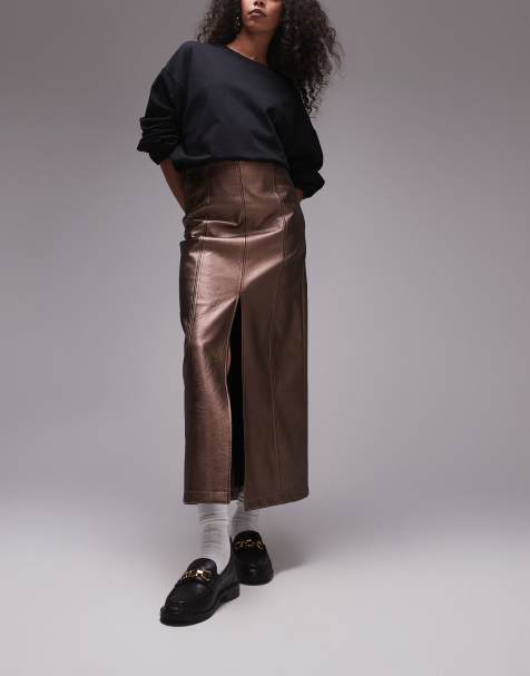 Topshop Faux leather split midi skirt in metallic bronze 
