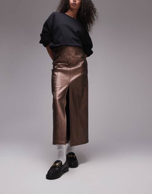 Leather midi skirt with split hotsell