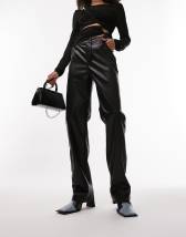 Topshop faux leather clean flared pants with welt pockets in black