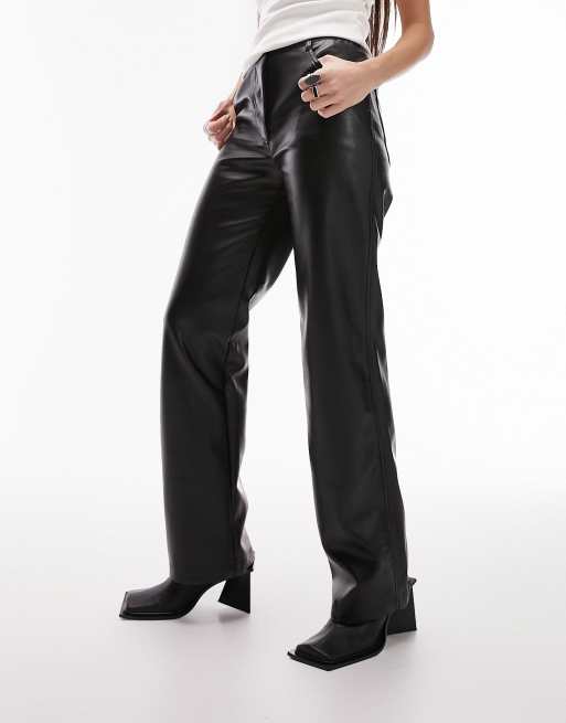 Topshop faux leather straight leg pants in black