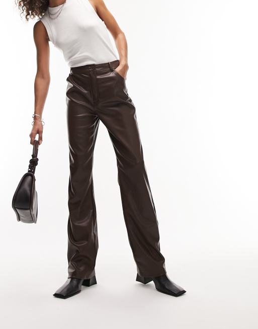 Topshop faux leather straight leg pants in chocolate