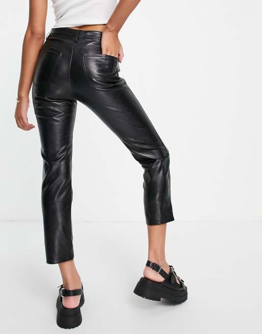 Topshop Petite faux leather straight trousers in black