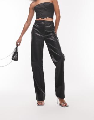 Topshop faux leather straight leg trouser in black