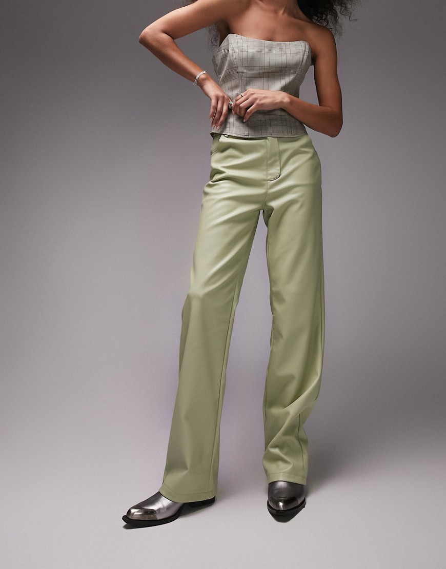 Topshop faux leather straight leg trouser in sage-Green