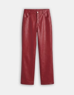 Model wearing Faux leather straight leg trousers in cherry