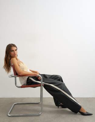 Topshop Faux Leather Stripe Wide Leg Pants In Black