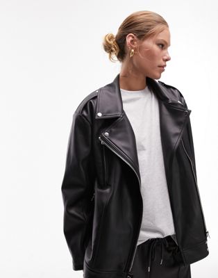 Topshop faux leather super oversized biker jacket in black | ASOS