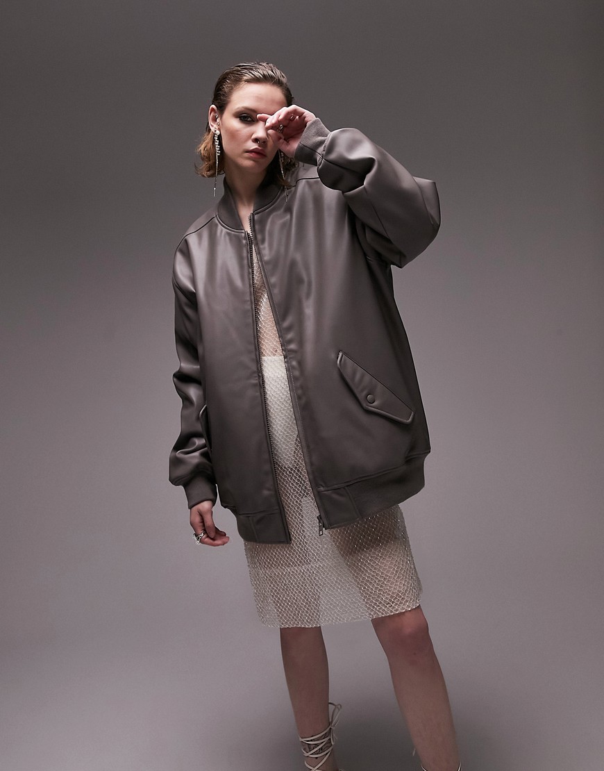 Topshop Faux Leather Super Oversized Bomber Jacket In Taupe-gray