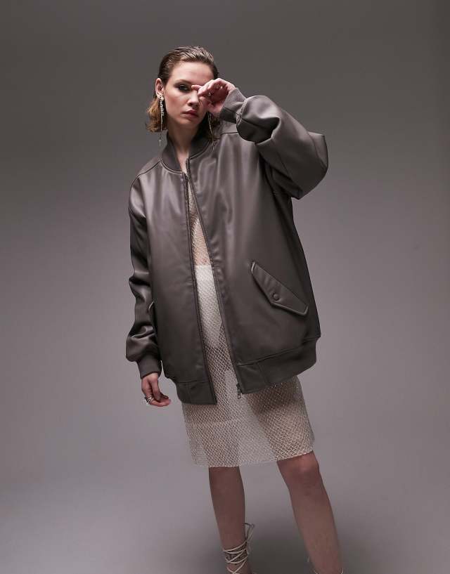 Topshop faux leather super oversized bomber jacket in taupe