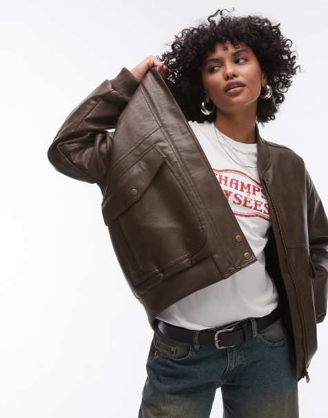 Topshop faux leather super oversized bomber jacket with borg lining in brown - view 1