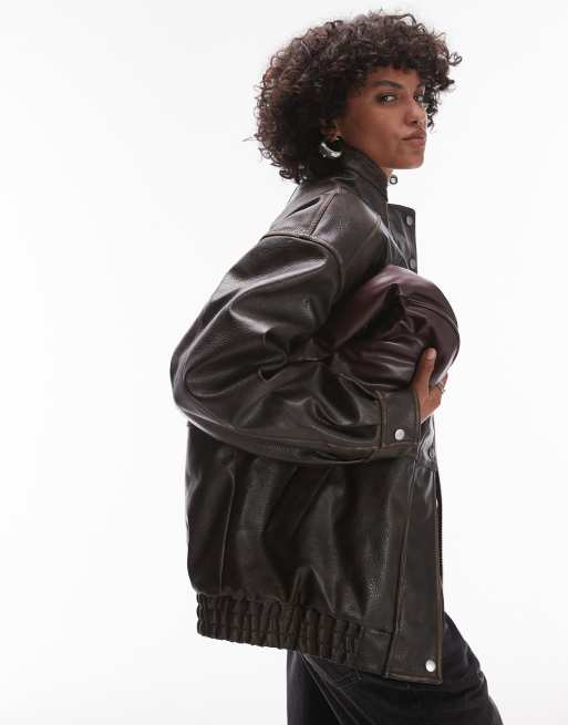 Topshop faux leather super oversized bomber jacket with borg lining