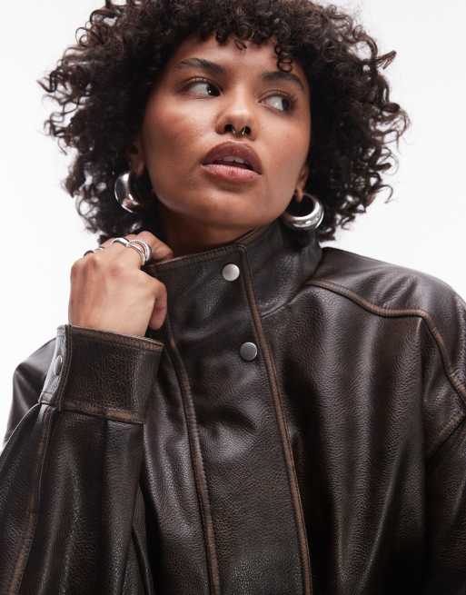 Topshop faux leather super oversized bomber jacket with borg lining