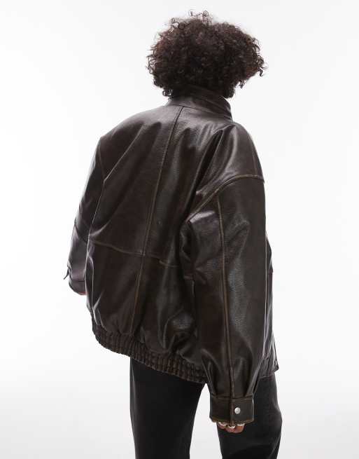 Topshop faux leather super oversized bomber jacket with borg lining