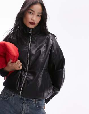 Topshop Faux Leather Super Wash 80s Bomber Jacket In Black