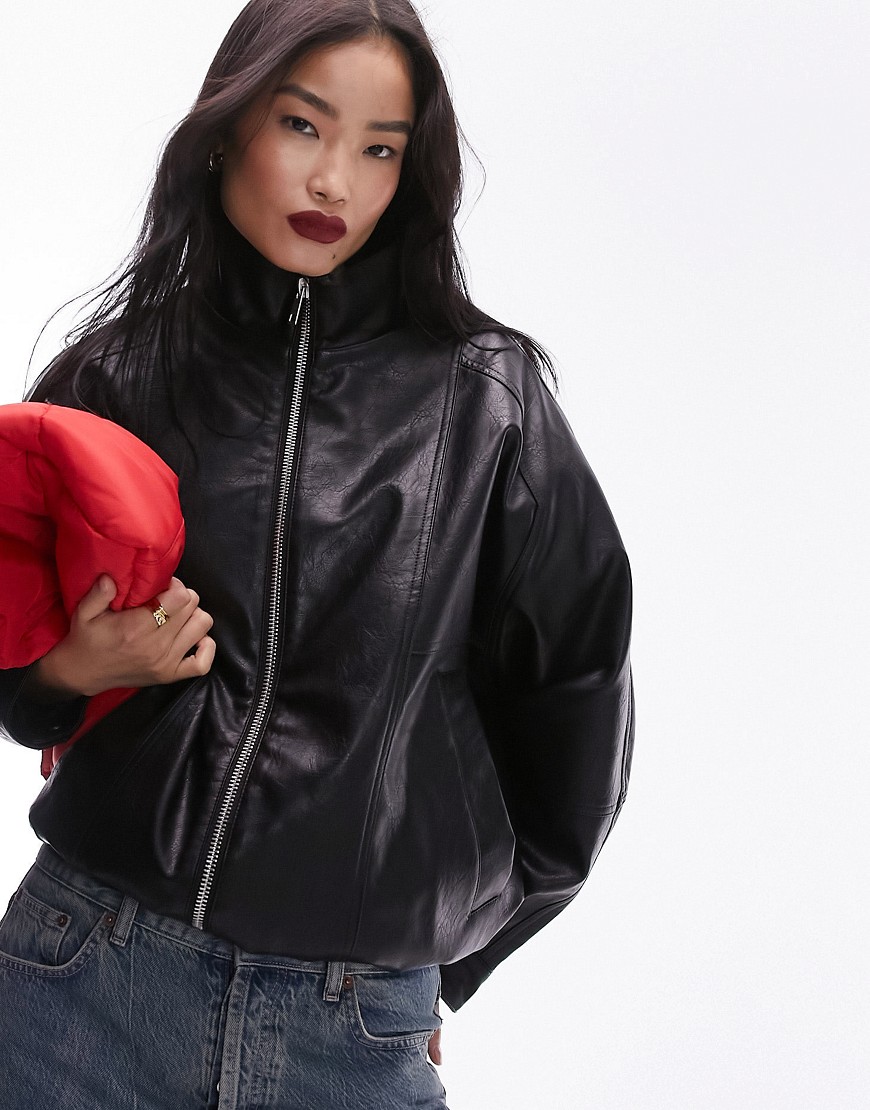 Topshop faux leather super wash 80s bomber jacket in black