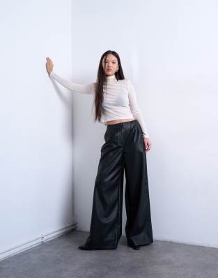 Topshop Faux Leather Super Wide Leg Pants In Black
