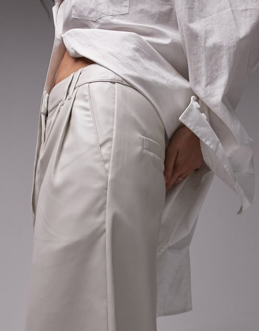 Topshop Petite faux leather super wide tailored trouser in ecru