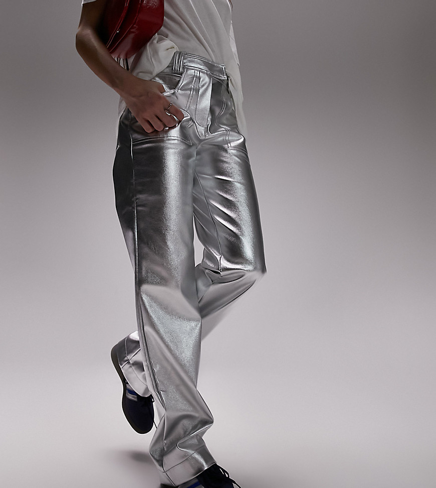 Topshop faux leather tab waist straight leg metallic trouser in silver-Grey