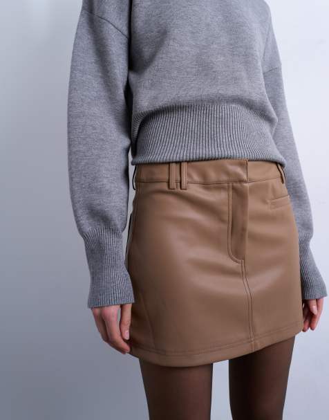 Topshop faux leather tailored mini skirt in coffee
