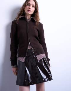 Faux leather tailored mini skirt in coffee