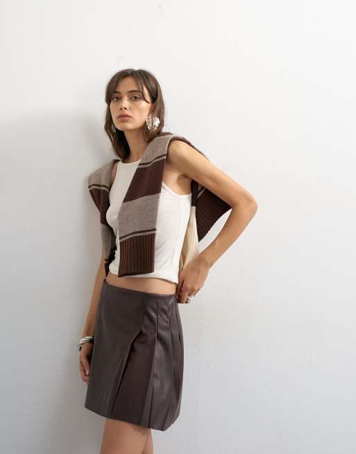 Topshop faux leather tailored mini skirt in coffee, 3 of 5