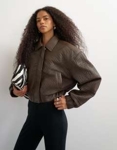 Faux leather textured bomber in chocolate