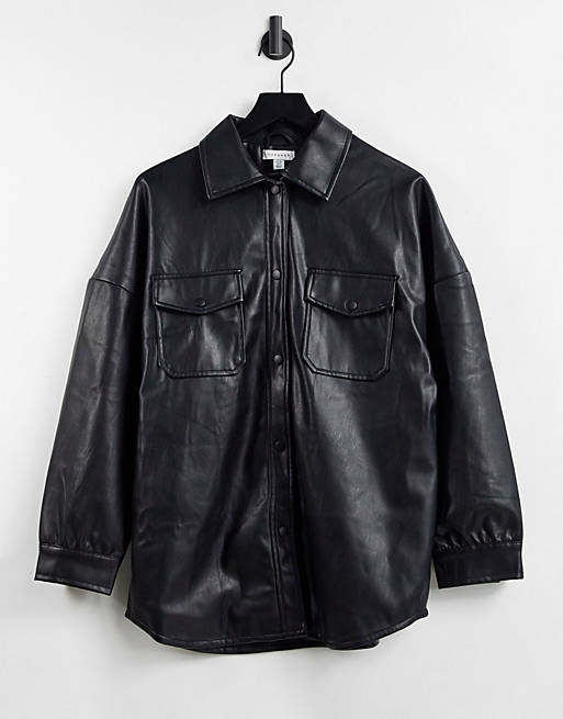 Topshop faux leather tie shacket in black