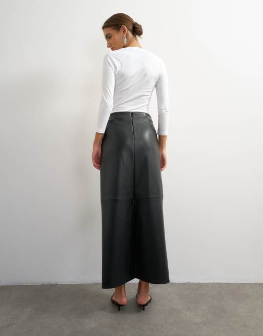 Topshop faux leather topstitch column maxi skirt in black, 5 of 5