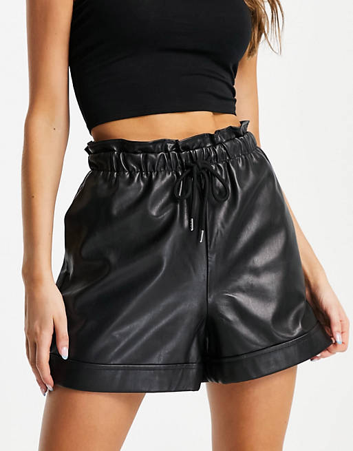 Topshop faux leather trackie shorts in black