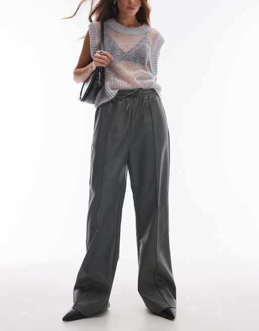 Topshop faux leather trackies in dark grey