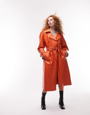 Topshop faux leather trench coat in orange