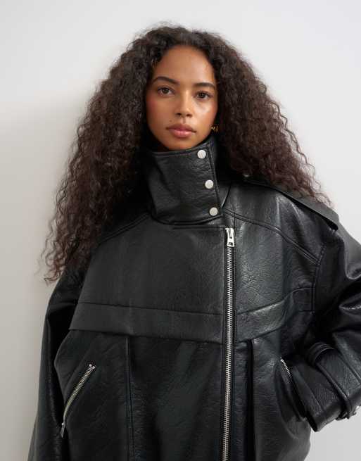 Topshop faux leather ultimate funnel biker in black, 2 of 4