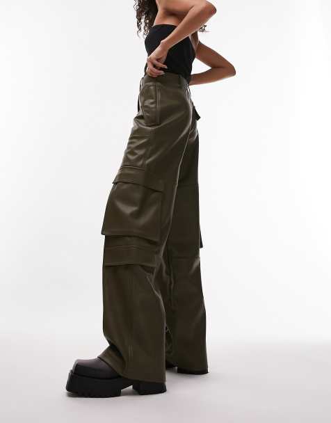 Topshop faux leather utility cargo pants in dark khaki - view 1