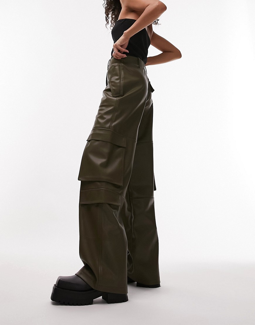 Topshop faux leather utility cargo trouser in dark khaki-Green
